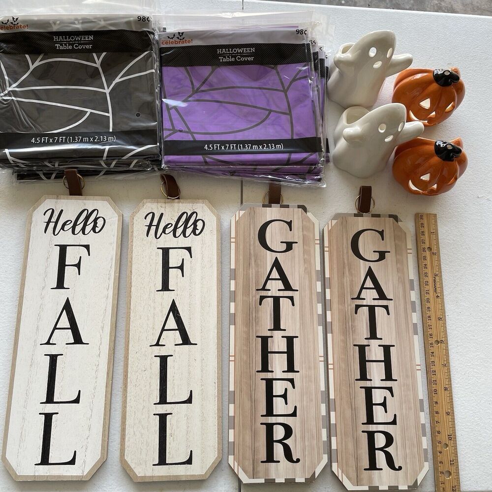 Fall Thanksgiving And Halloween Decor, Signs Tablecloths NWOT